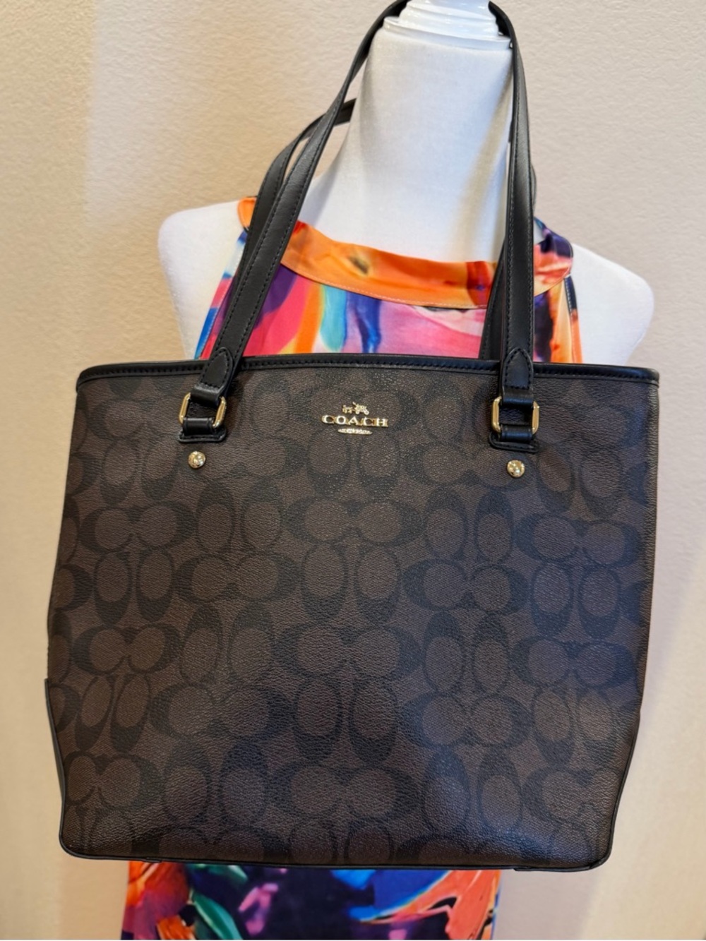 Coach Brown Signature Tote with Black Leather Straps